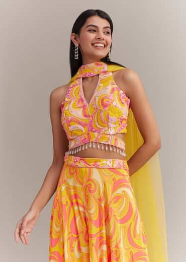 Yellow Crepe Abstract Printed Embroidered Palazzo Set