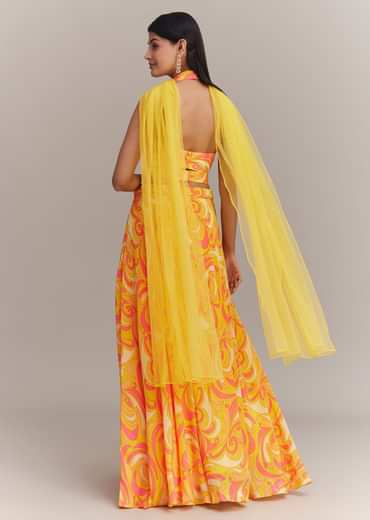 Yellow Crepe Abstract Printed Embroidered Palazzo Set