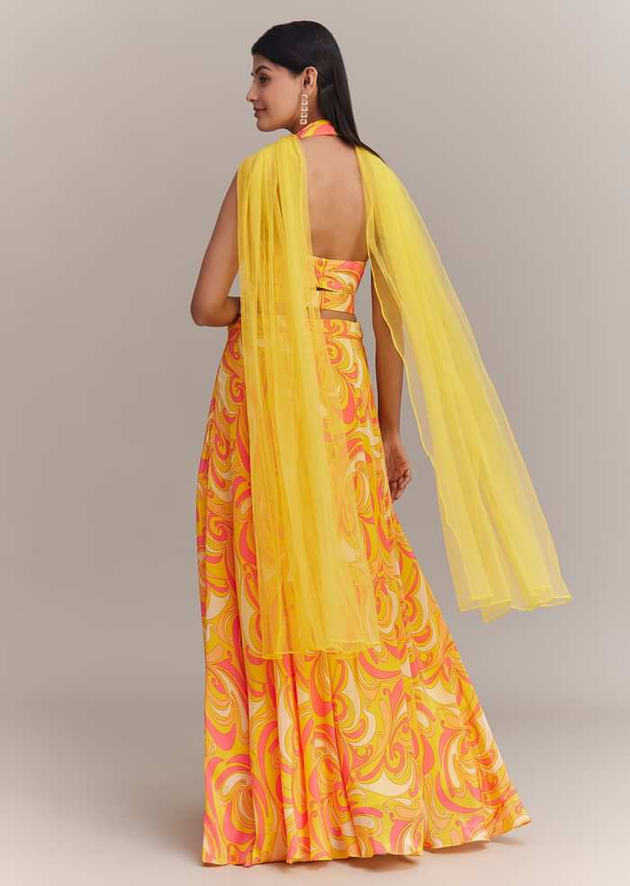 Yellow Crepe Abstract Printed Embroidered Palazzo Set