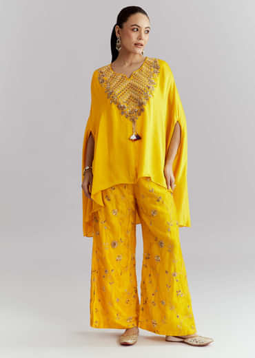 Yellow Crepe Indo Western Set With Heavy Hand Embroidery