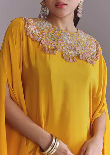 Yellow Crepe Kaftan Top And Drape Skirt Set With Embroidery