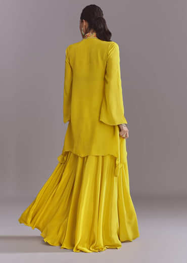 Yellow Crepe Palazzo Suit With Thread And Resham Work