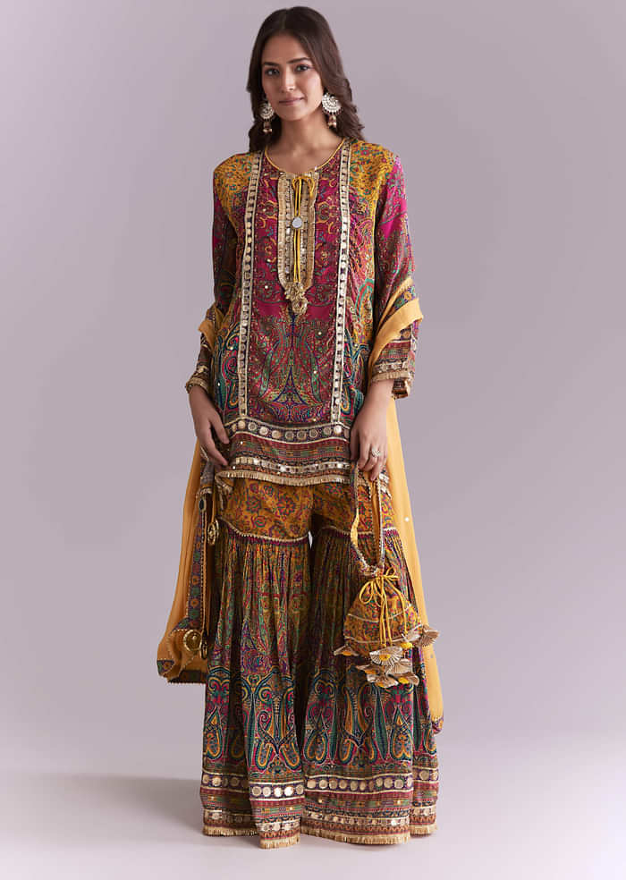 Yellow Crepe Printed Sharara Suit With Gota Detail And Potli