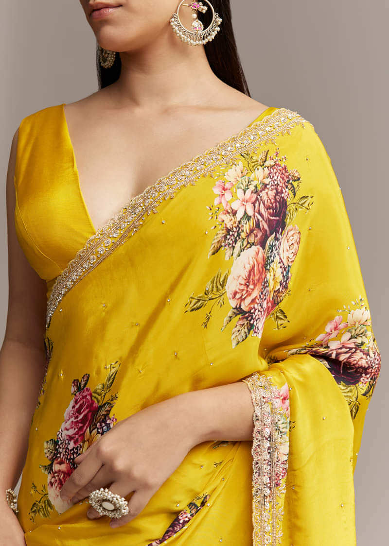 Yellow Crepe Saree With Multicolor Floral Print And Embellished Border