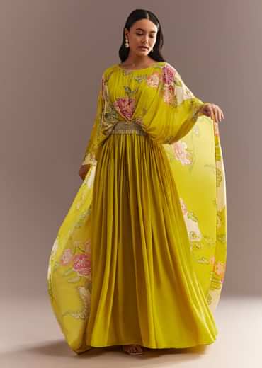 Yellow Crepe Silk Floral Printed Gown With Embroidered Belt