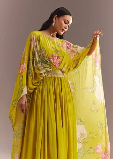 Yellow Crepe Silk Floral Printed Gown With Embroidered Belt
