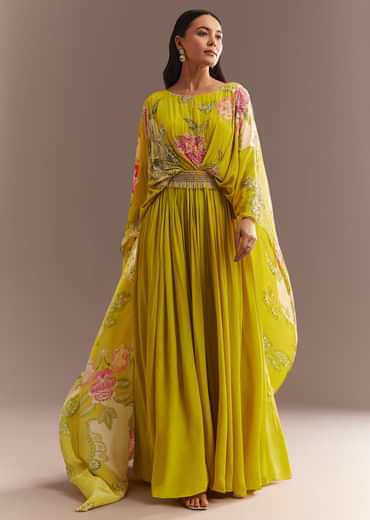 Yellow Crepe Silk Floral Printed Gown With Embroidered Belt