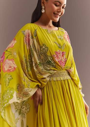 Yellow Crepe Silk Floral Printed Gown With Embroidered Belt