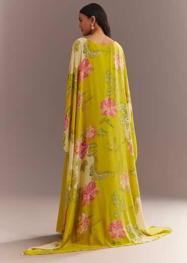 Yellow Crepe Silk Floral Printed Gown With Embroidered Belt