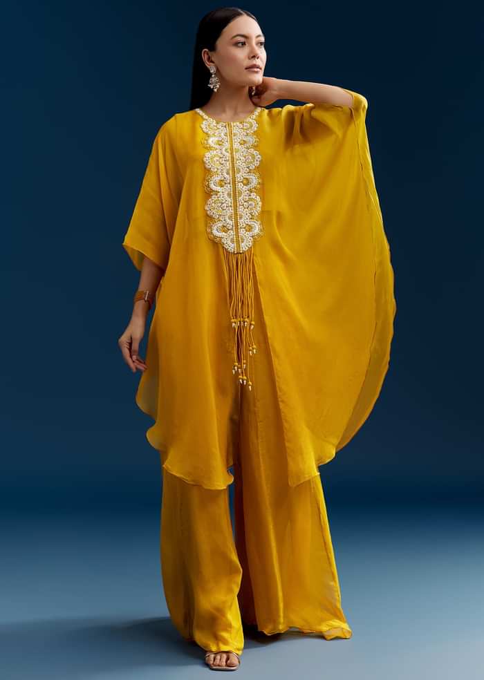 Yellow Crop Top Cape Set With Embroidery And Fancy Sleeves