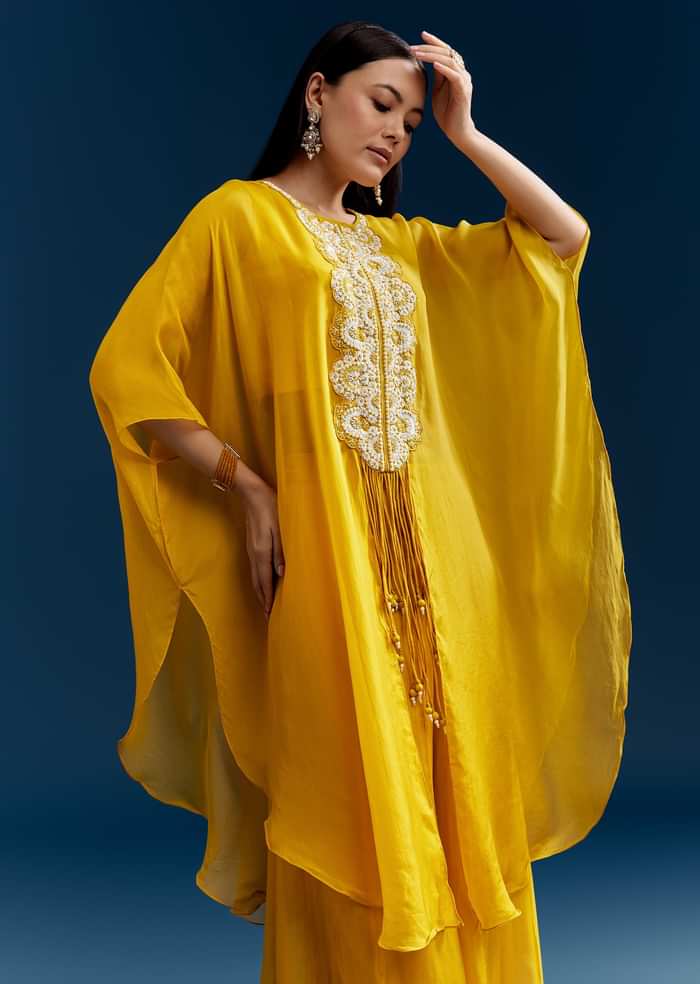 Yellow Crop Top Cape Set With Embroidery And Fancy Sleeves