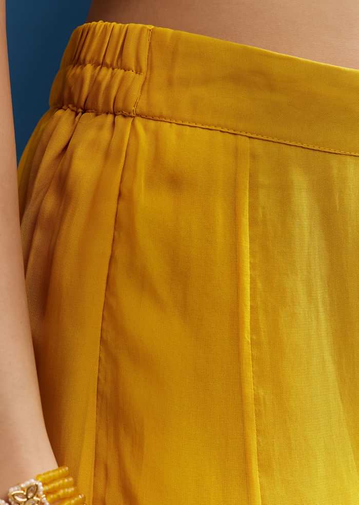 Yellow Crop Top Cape Set With Embroidery And Fancy Sleeves