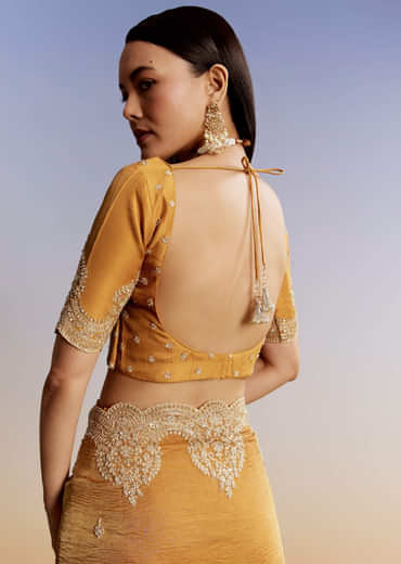 Yellow Crush Tissue Saree With Heavy Embroidered Border And Blouse