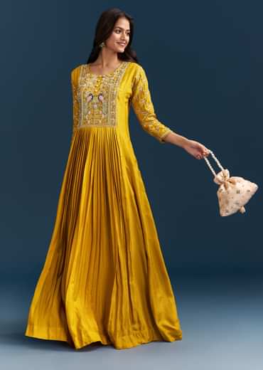 Yellow Dola Silk Anarkali Suit With Gotta Beads And Cut Dana Embellishments