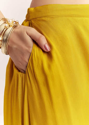 Yellow Dola Silk Cape Kurta Set With Embroidery
