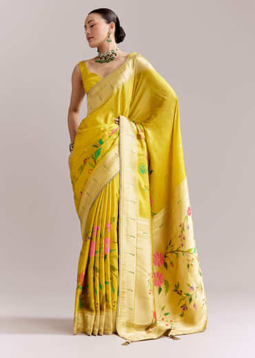 Yellow Dola Silk Woven Muniya Paithani Saree With Zari Border