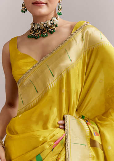 Yellow Dola Silk Woven Muniya Paithani Saree With Zari Border