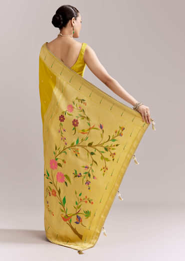 Yellow Dola Silk Woven Muniya Paithani Saree With Zari Border