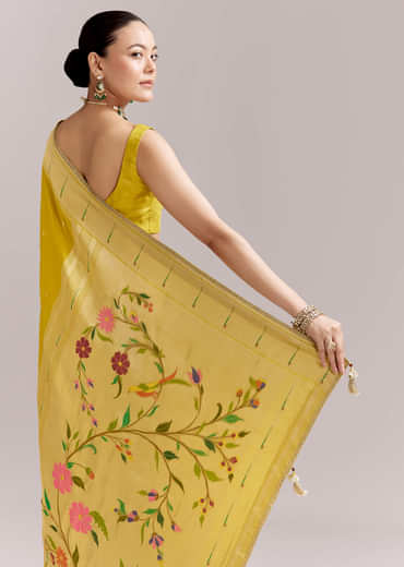 Yellow Dola Silk Woven Muniya Paithani Saree With Zari Border