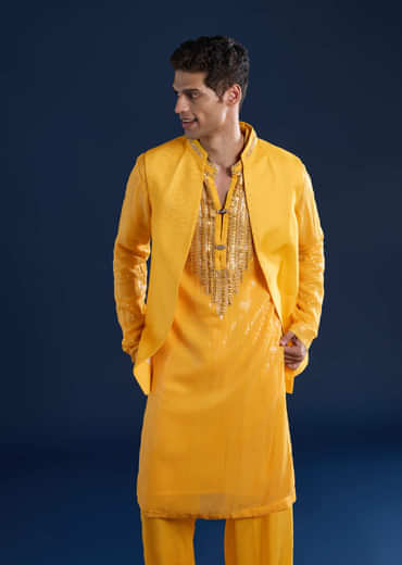 Yellow Embellished Kurta and Jacket Set