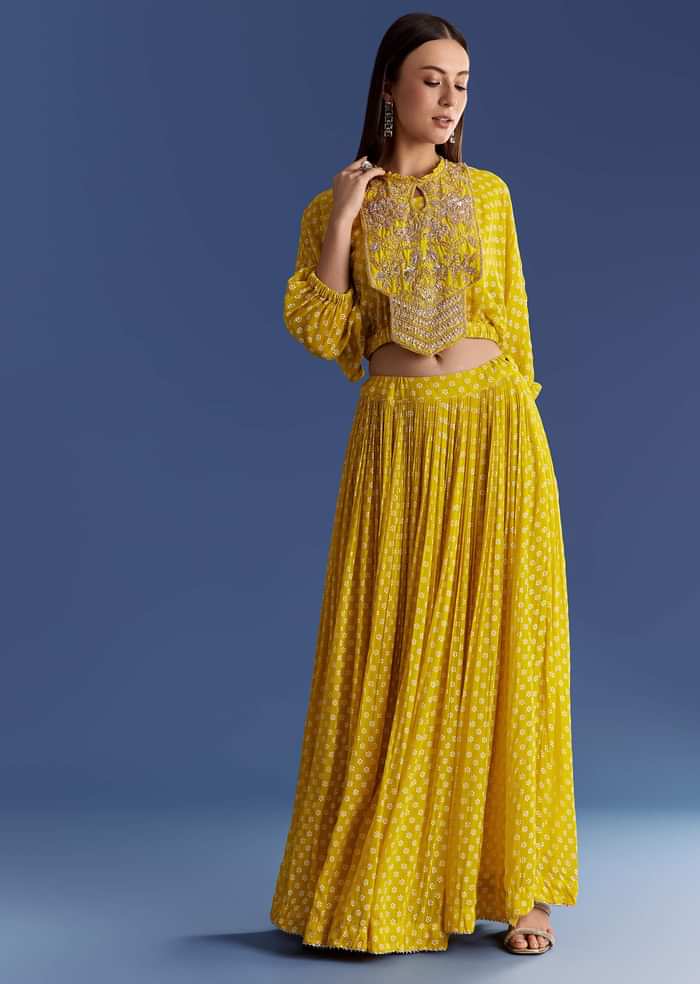 Yellow Floral Georgette Lehenga Set With Zardosi Croptop