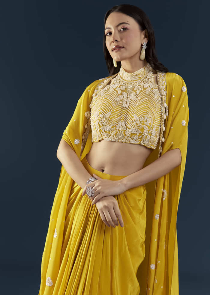 Yellow Fusion Crop Top Skirt Set with Cape