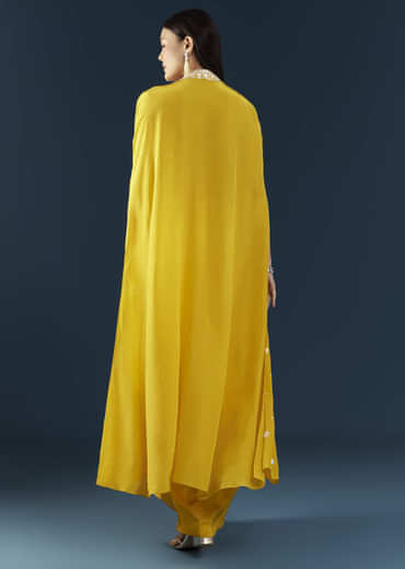 Yellow Fusion Crop Top Skirt Set with Cape