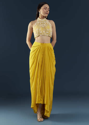 Yellow Fusion Crop Top Skirt Set with Cape