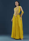 Yellow Fusion Crop Top Skirt Set with Zardozi Work