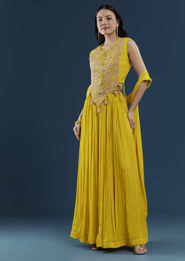 Yellow Fusion Crop Top Skirt Set with Zardozi Work
