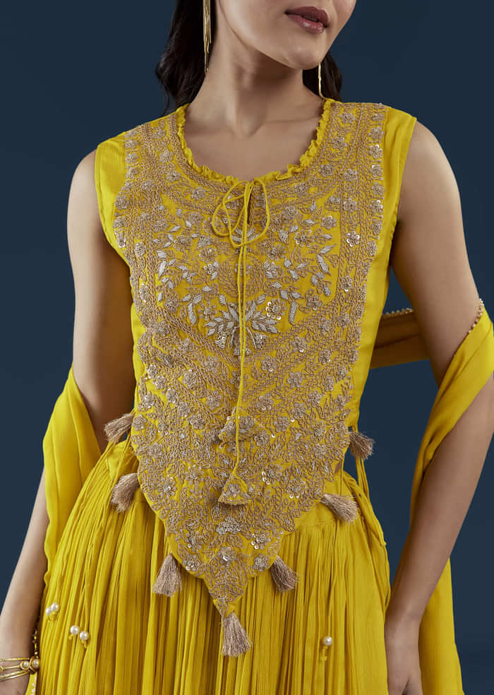 Yellow Fusion Crop Top Skirt Set with Zardozi Work