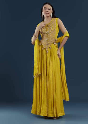 Yellow Fusion Crop Top Skirt Set with Zardozi Work
