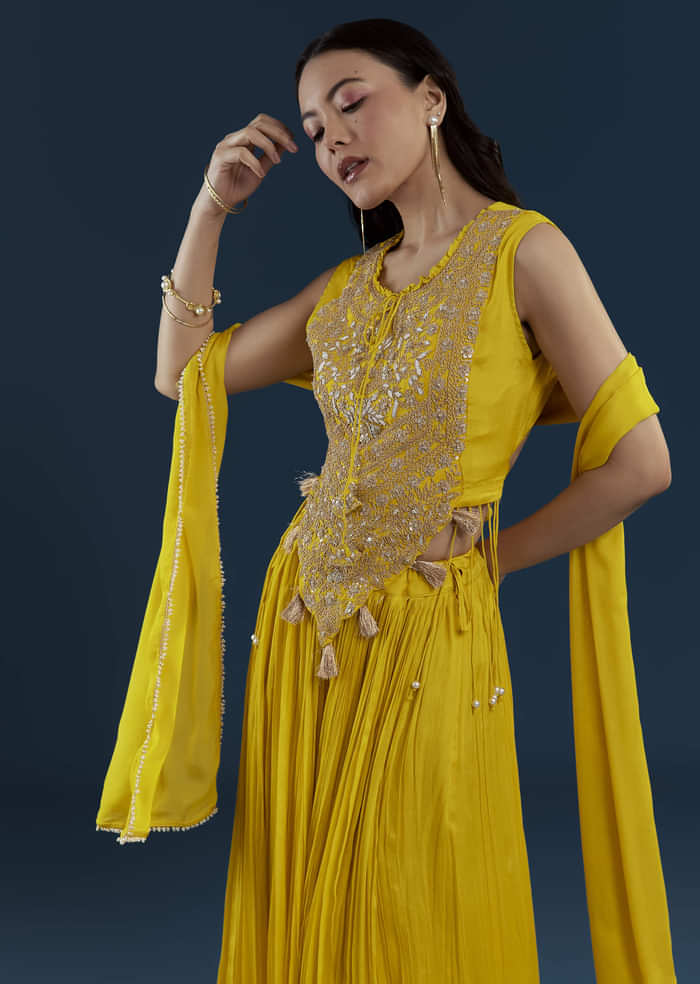 Yellow Fusion Crop Top Skirt Set with Zardozi Work