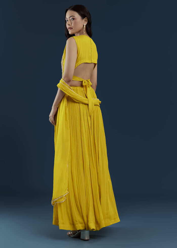 Yellow Fusion Crop Top Skirt Set with Zardozi Work
