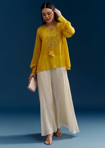 Yellow Georgette Crop Top With Mirror Work