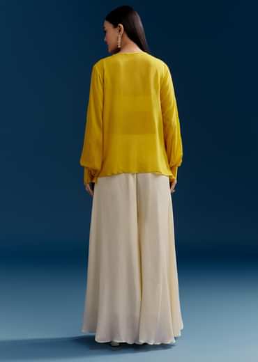 Yellow Georgette Crop Top With Mirror Work