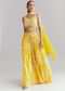 Yellow Georgette Floral Crop Top Pant Set With Embroidery