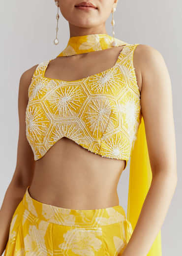 Yellow Georgette Floral Crop Top Pant Set With Embroidery