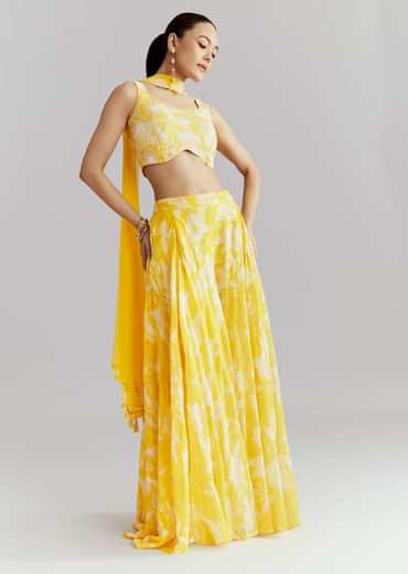 Yellow Georgette Floral Crop Top Pant Set With Embroidery