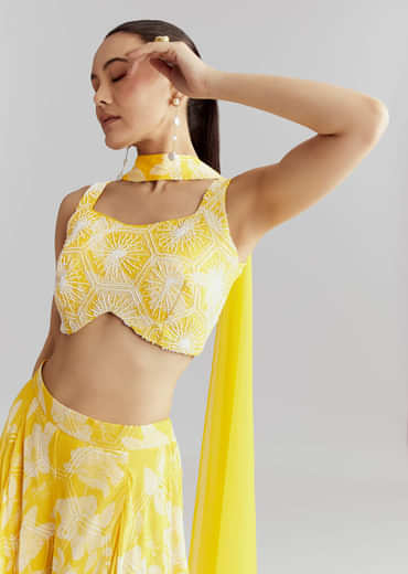 Yellow Georgette Floral Crop Top Pant Set With Embroidery