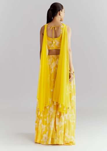 Yellow Georgette Floral Crop Top Pant Set With Embroidery