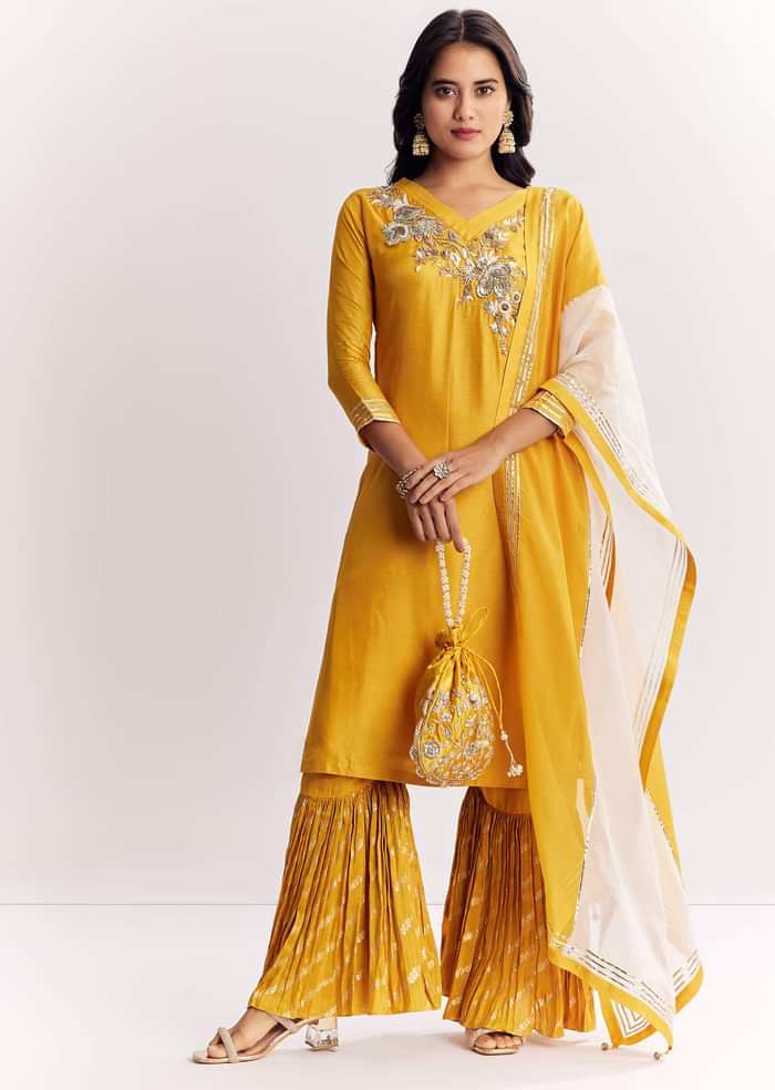 Yellow Gotta Work Kurta Sharara Suit In Russian Silk