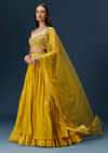Yellow Indo Western Lehenga With Rushed Skirt And Embroidered Dupatta