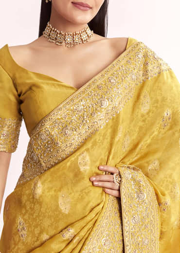 Yellow Jacquard Silk Saree With Woven Brocade Zari Work