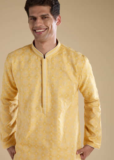 Yellow Jacquard Straight Mens Kurta and Pant Set