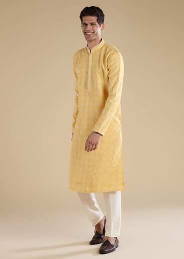 Yellow Jacquard Straight Mens Kurta and Pant Set