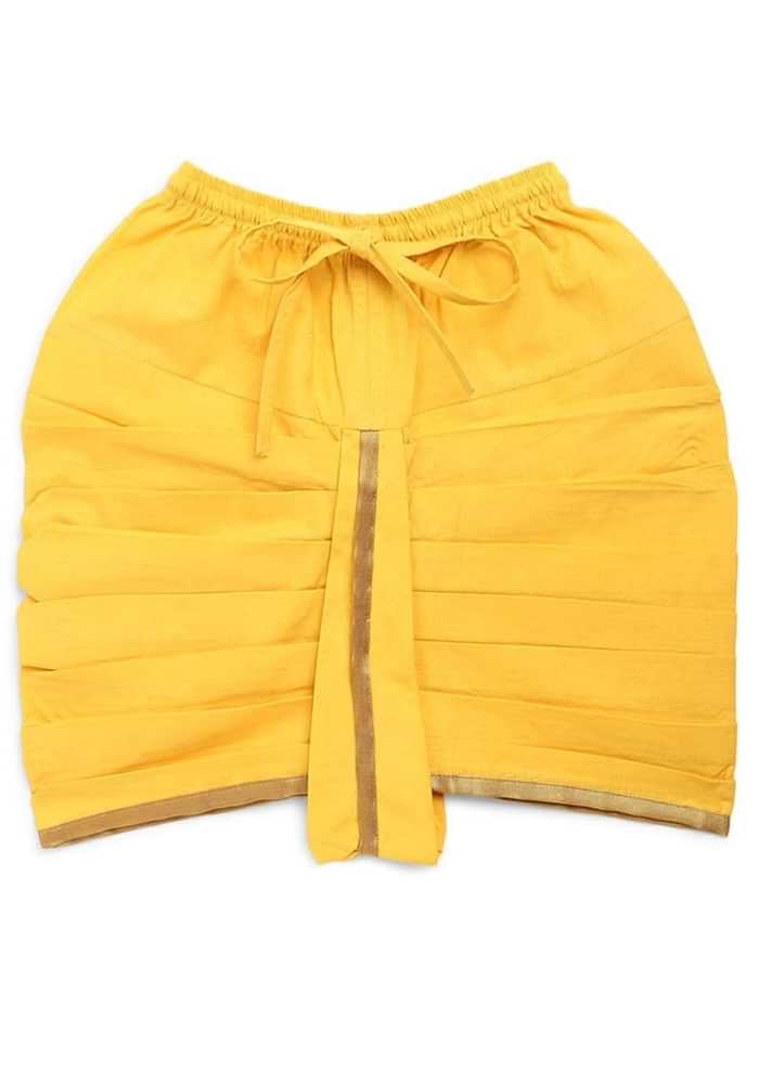 Kalki Boys Yellow Kurta And Dhoti Set In Chanderi Cotton Silk With Zari Embroidered Floral Butti Work By Tiber Taber