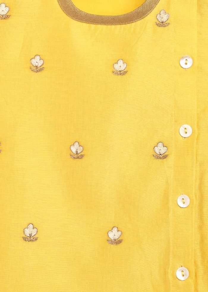 Kalki Boys Yellow Kurta And Dhoti Set In Chanderi Cotton Silk With Zari Embroidered Floral Butti Work By Tiber Taber