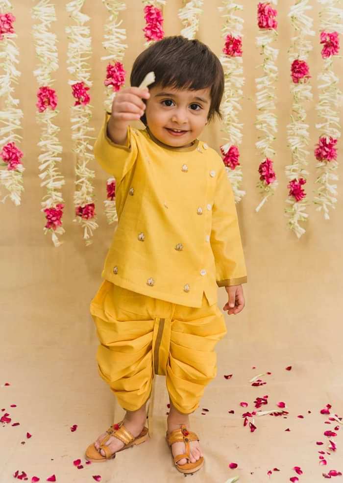 Kalki Boys Yellow Kurta And Dhoti Set In Chanderi Cotton Silk With Zari Embroidered Floral Butti Work By Tiber Taber