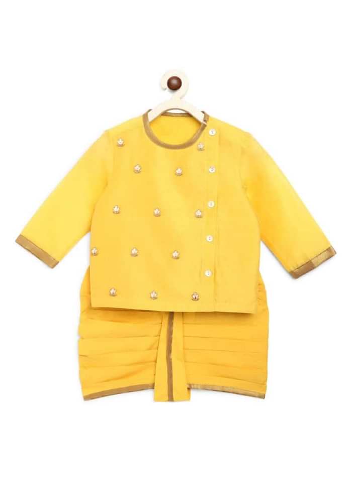 Kalki Boys Yellow Kurta And Dhoti Set In Chanderi Cotton Silk With Zari Embroidered Floral Butti Work By Tiber Taber